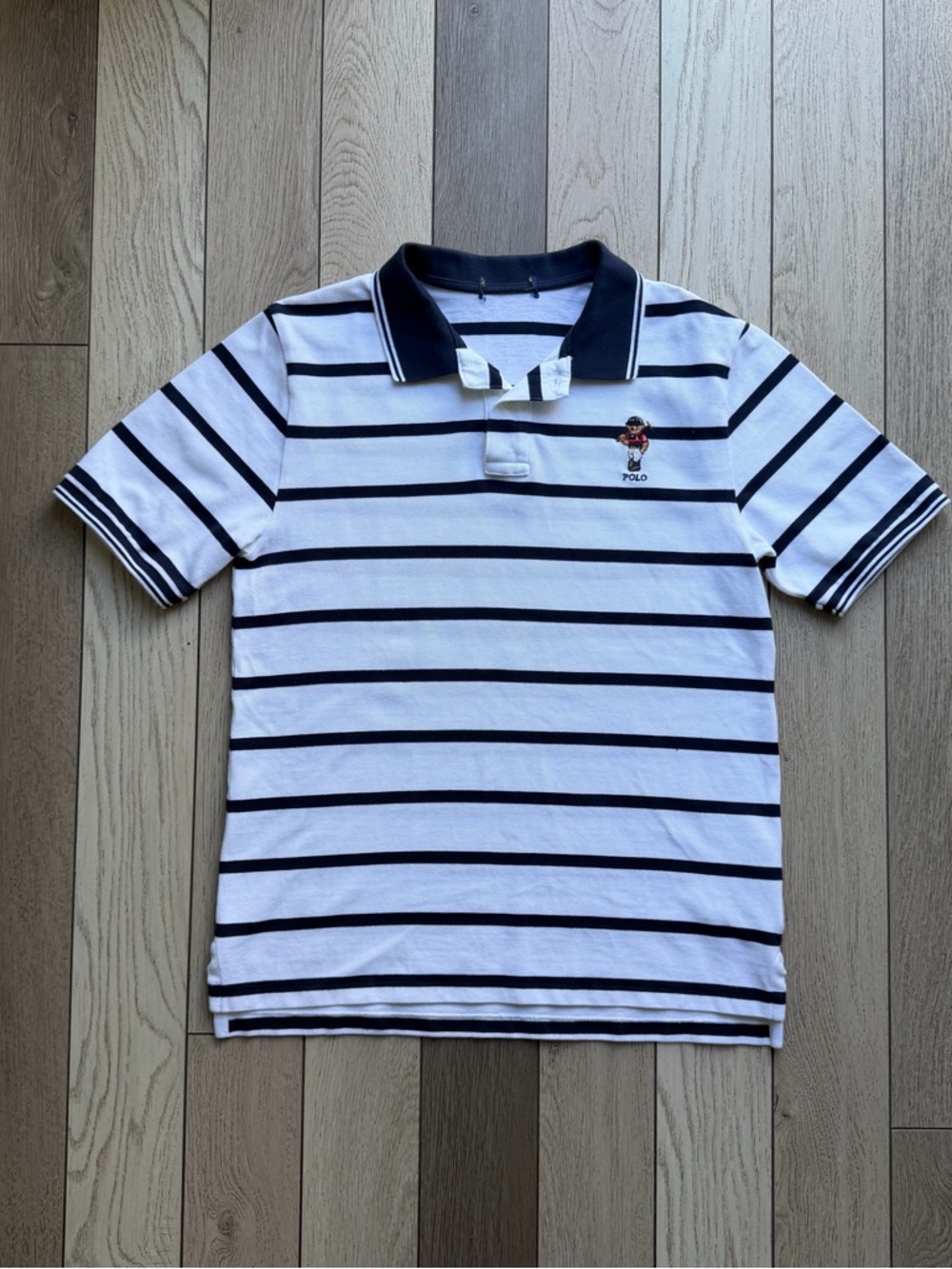 Ralph Lauren White & Navy Striped Polo with Embroidered Bear
